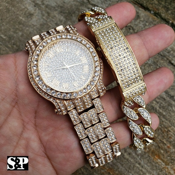MEN LAB DIAMOND WATCH & FULL ICED BRACELET COMBO SET
